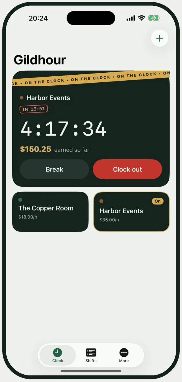 The Gildhour app on iPhone: the clock running at Harbor Events with $150.25 earned so far, and a tile for each job