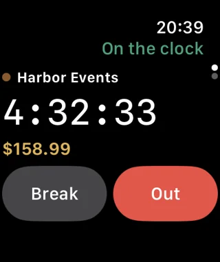 Gildhour on Apple Watch: on the clock at Harbor Events with Break and Out buttons